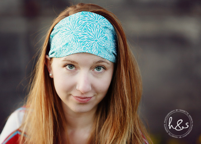 PreTied Bandana, Wide Fabric Headband, Womens Teens Workout Hairband- Bright Blue Stenciled Flowers