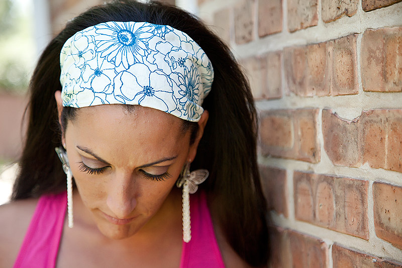 Wide Stretch Womens/Teens Headband- Stenciled Cobalt Blue Flowers