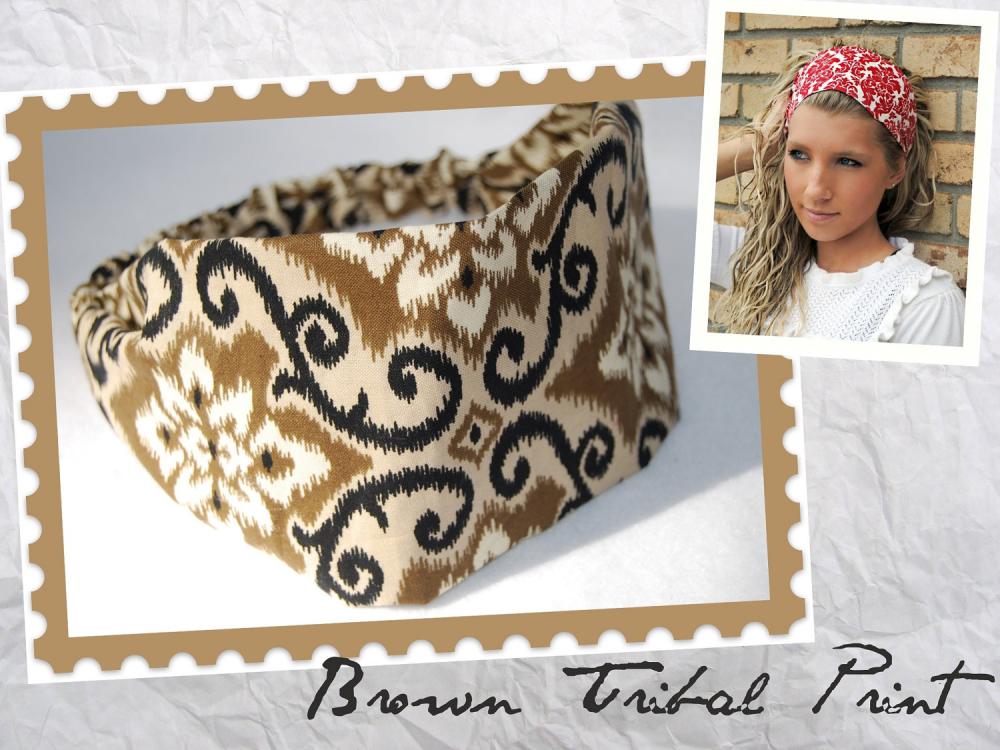 Wide Womens/Teens Stretch Headband, Workout Hairband, Bandana- Brown Tribal Print