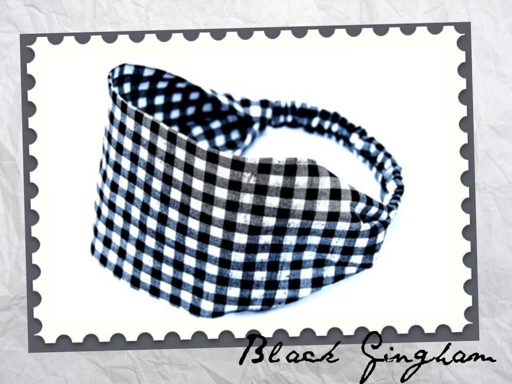 Wide Stretch Headband- Black Checked Gingham