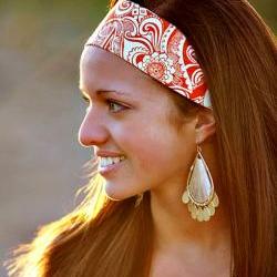 Wide Yoga Headband, Womens/Teens Bandana, Hippie Hairband- Orange Tribal