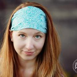 PreTied Bandana, Wide Fabric Headband, Womens Teens Workout Hairband- Bright Blue Stenciled Flowers