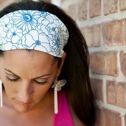 Wide Stretch Womens/Teens Headband- Stenciled Cobalt Blue Flowers