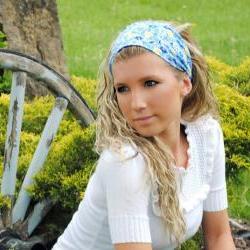 Wide Stretch Womens/Teens Headband, Spring Bandana- Yellow and Blue Flowers