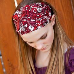 Wide Stretch Womens/Teens Headband, Maroon Paisley Hairband, Stylish Bandana, Red and White Swirl