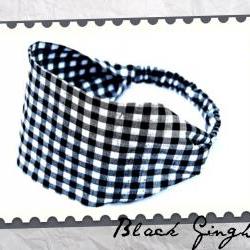 Wide Stretch Headband- Black Checked Gingham